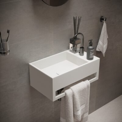 Ideavit CUBE 20″ Wall-Hung Washstand with a sleek matte finish, featuring a practical towel bar and single faucet hole