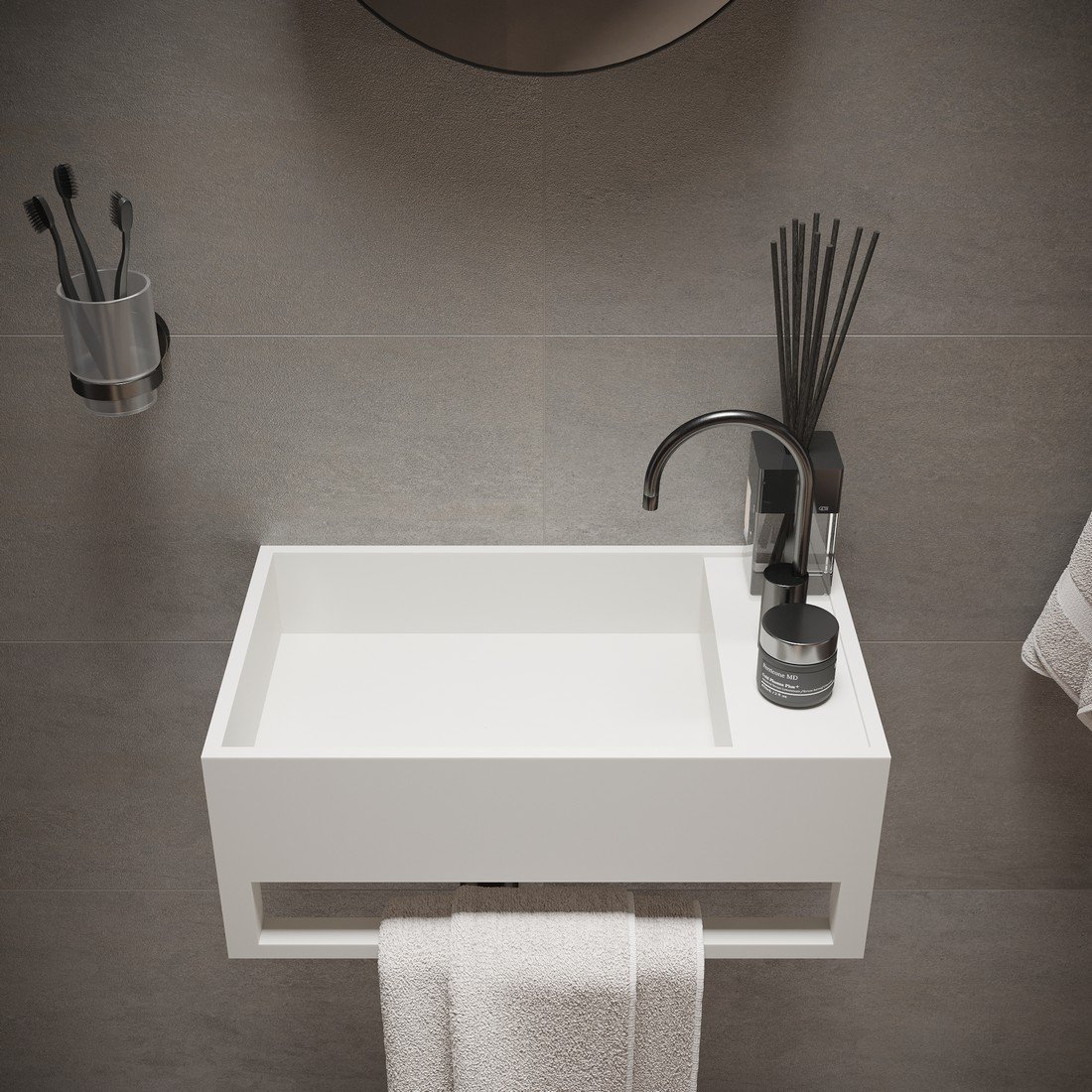 CUBE 20″ Wide Wall-Hung Washstand by Ideavit in a matte finish, designed with a minimalist look, practical towel bar, and single faucet hole