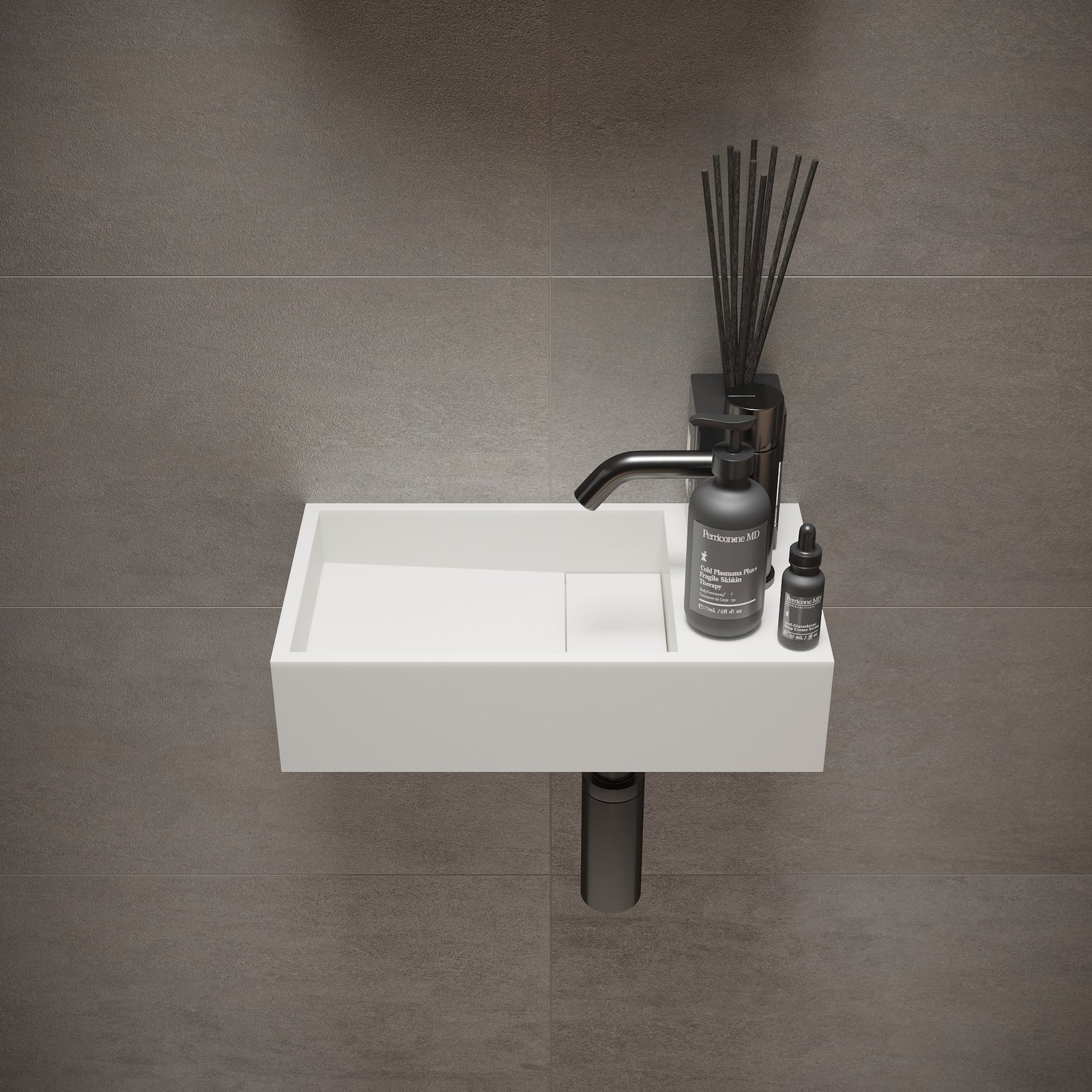 CUBE 16″ Wide Washstand by Ideavit in matte finish, featuring a rectangular basin, solid drain cover, and reversible design