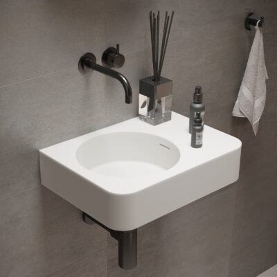 BRIO 18″ Wall-Hung Washstand by Ideavit in matte white, featuring a round basin in solid surface material