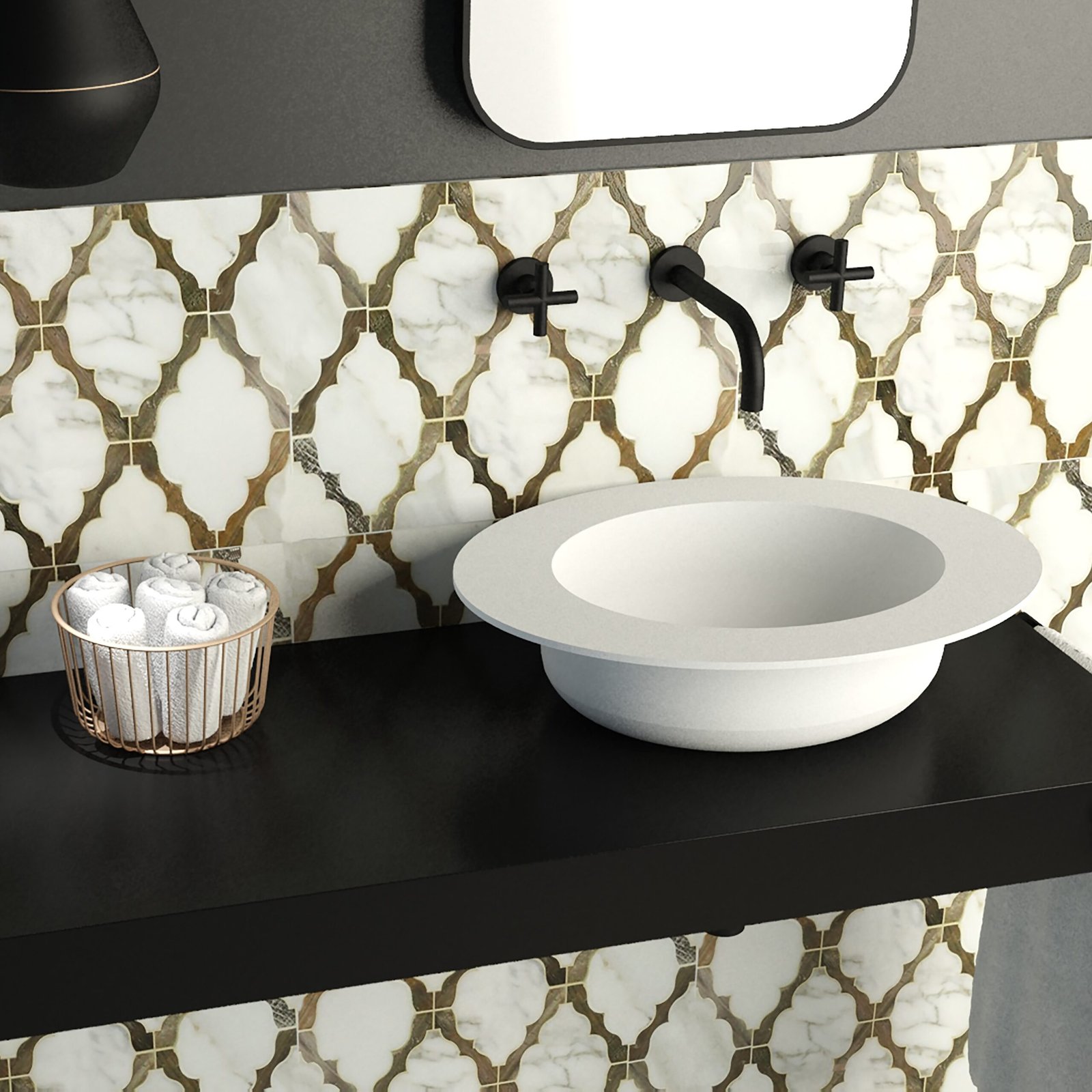 The CAP 24 Premium Rim Washbasin Side angle of the CAP 24 Premium Rim Washbasin, showing its elegant oval shape and solid surface construction