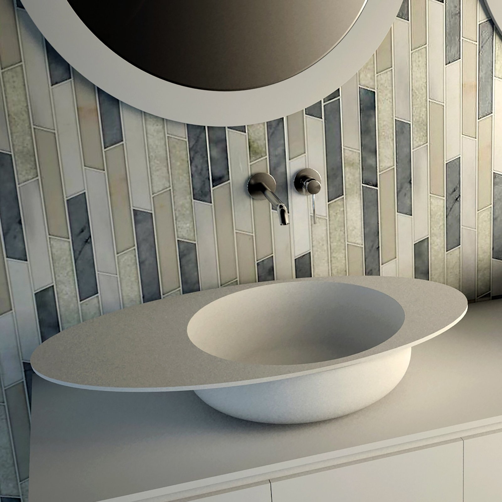 The CAP 32 Oval Washbasin Side view of the CAP 32 Oval Washbasin, showcasing its spacious 12-inch-wide shelf on the left and 6-inch-wide shelf