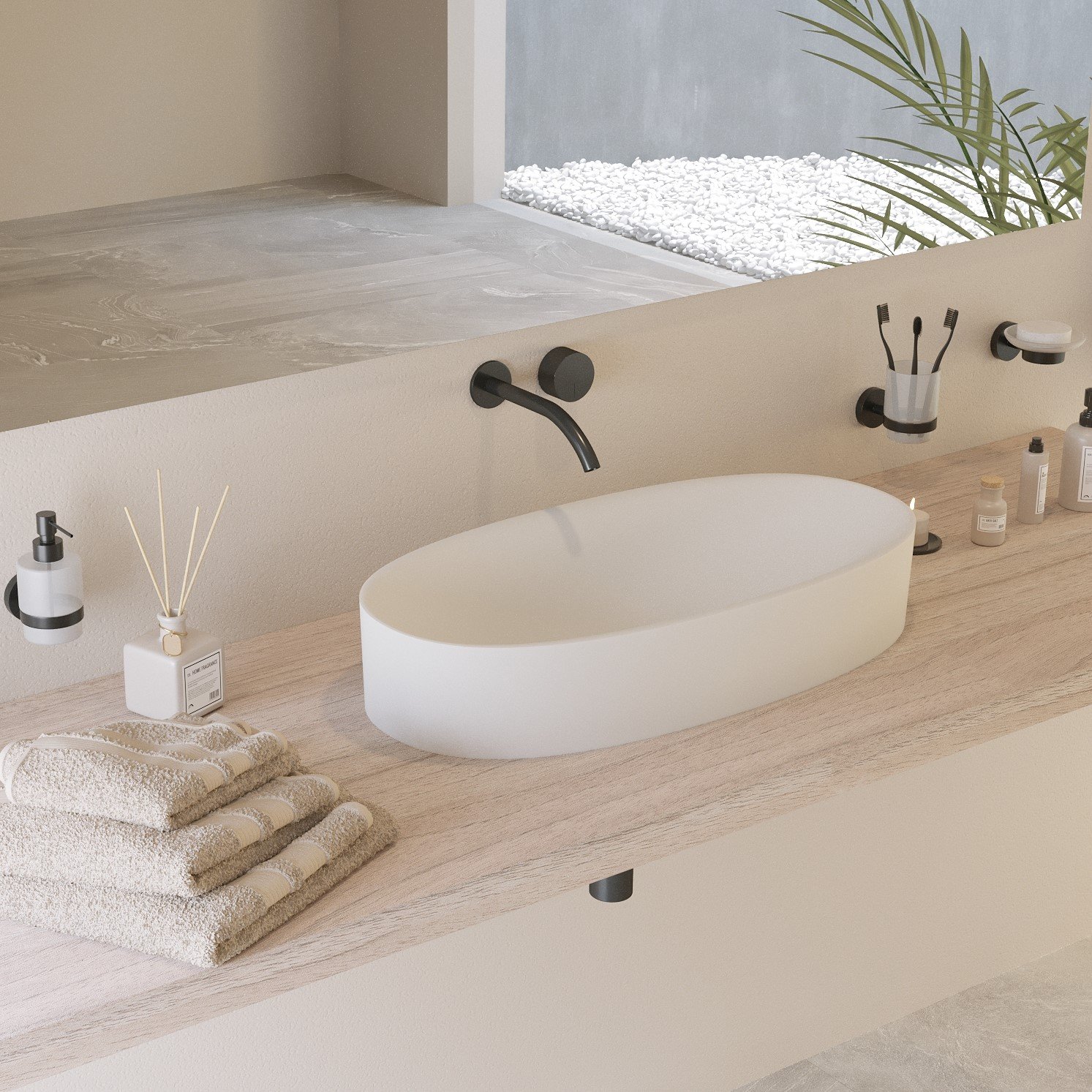 Angled view of the Elongated CLIFF Counter Vessel showcasing its seamless appearance and durable solid surface material