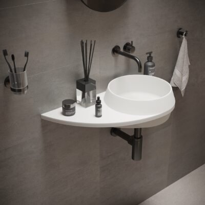 DUO wall-mounted washstand by Ideavit in a matte white finish, crafted from solid surface material with a sleek, minimalist design and ample counter space