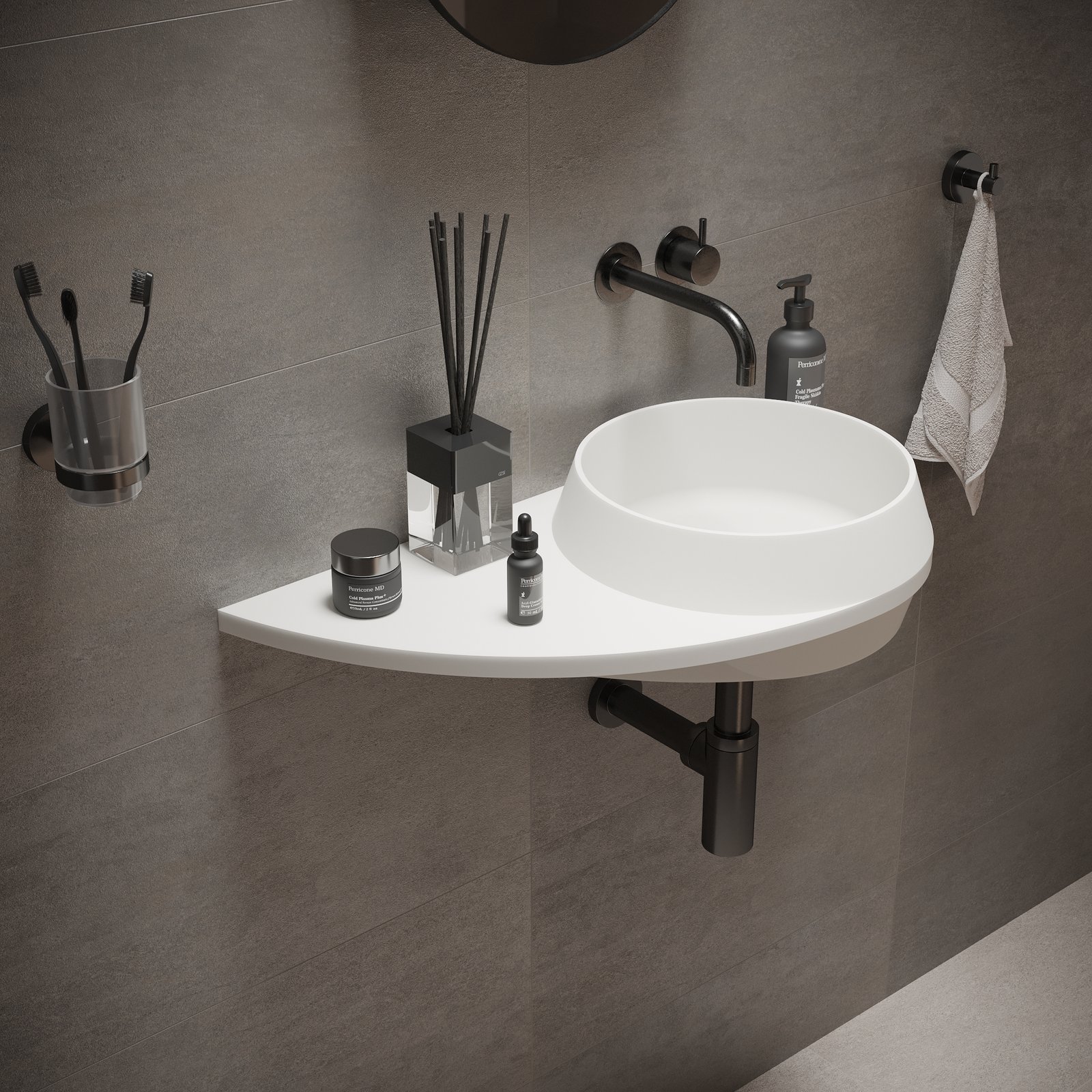 DUO wall-mounted washstand by Ideavit DUO wall-mounted washstand by Ideavit in a matte white finish, crafted from solid surface material with a sleek, minimalist design and ample counter space
