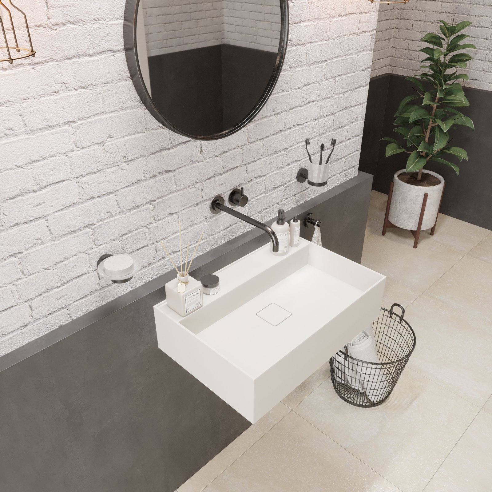 BLISS 24″ wide wall-hung washstand by Ideavit BLISS 24″ wide wall-hung washstand by Ideavit, featuring solid surface material, rear shelf, and square solid drain cover