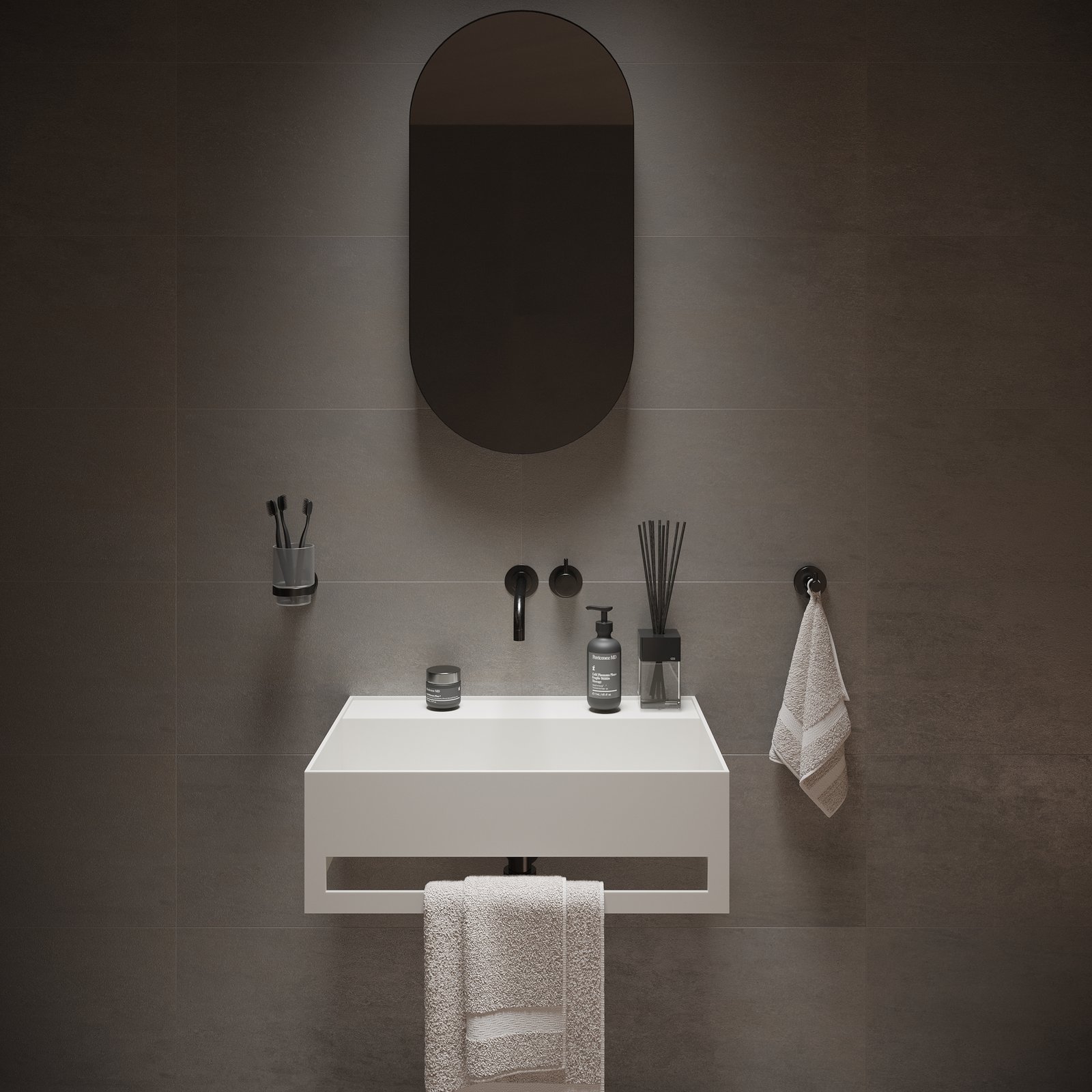 Contemporary BLISS wall-hung washstand, 24 inches wide with a practical rear shelf and towel bar front