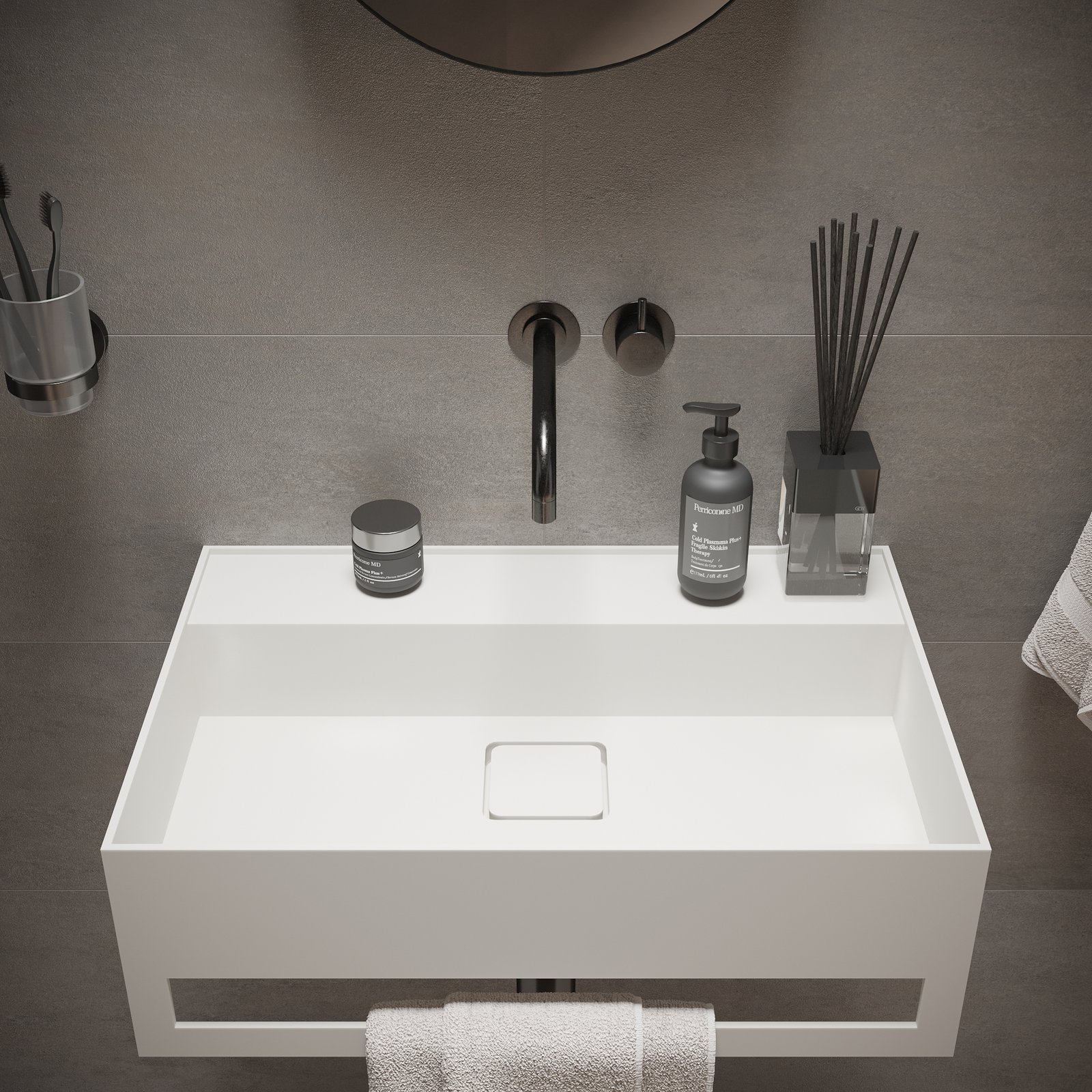 Elegant and functional BLISS washstand in 24-inch width, with a convenient rear shelf and front towel bar