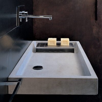 ELLE line rectangular grey wall washbasin, crafted in cement finish mortar with a handmade aesthetic