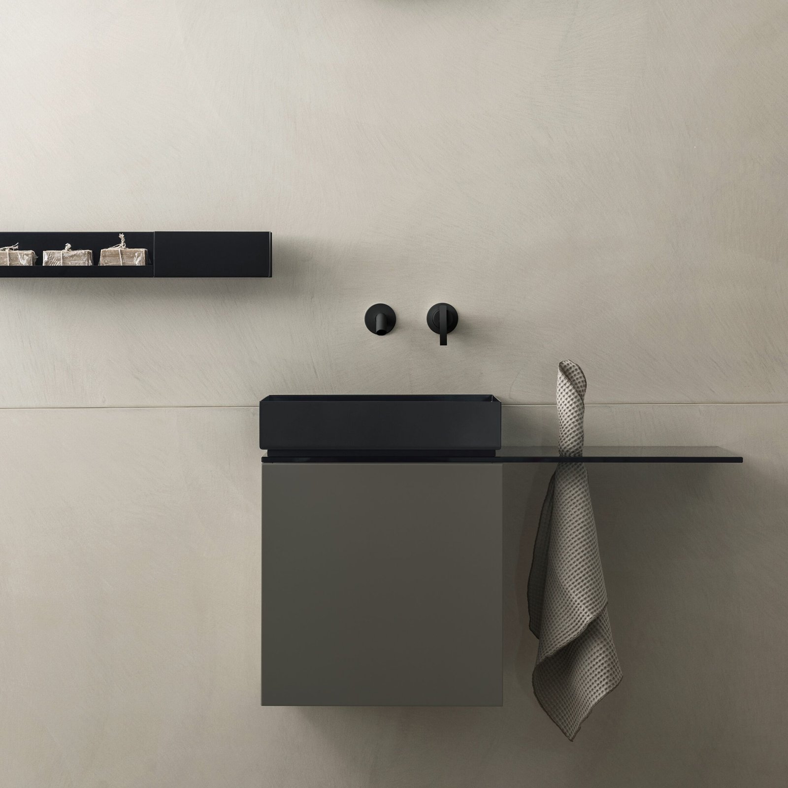 The P40/P50 washstand by Moab80 delivers a complete bathroom solution with stylish storage options and customizable finishes