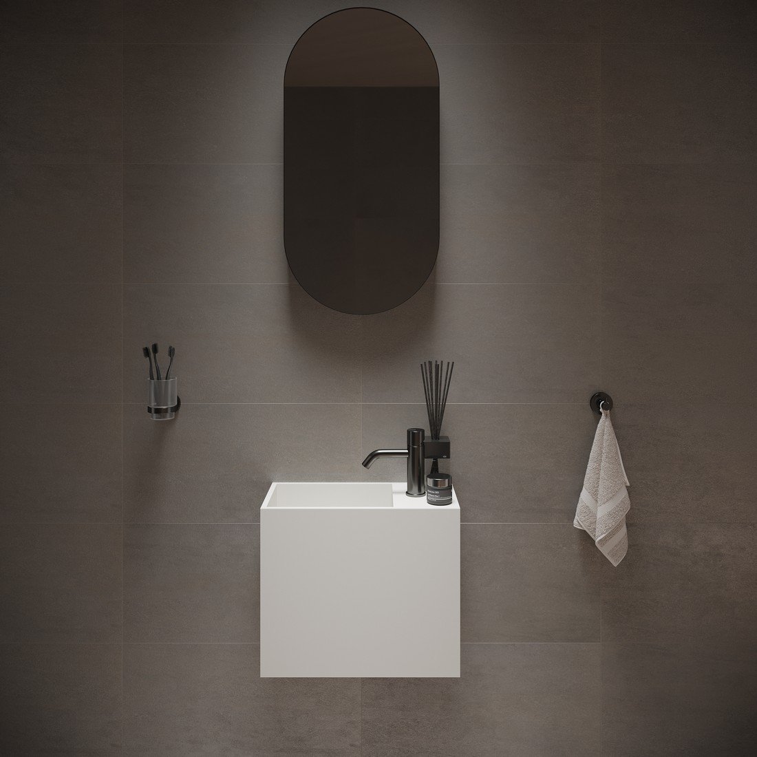 Ideavit WASH 18″ wall-hung washstand with overflow and reversible 8″ shelf, designed for small bathrooms