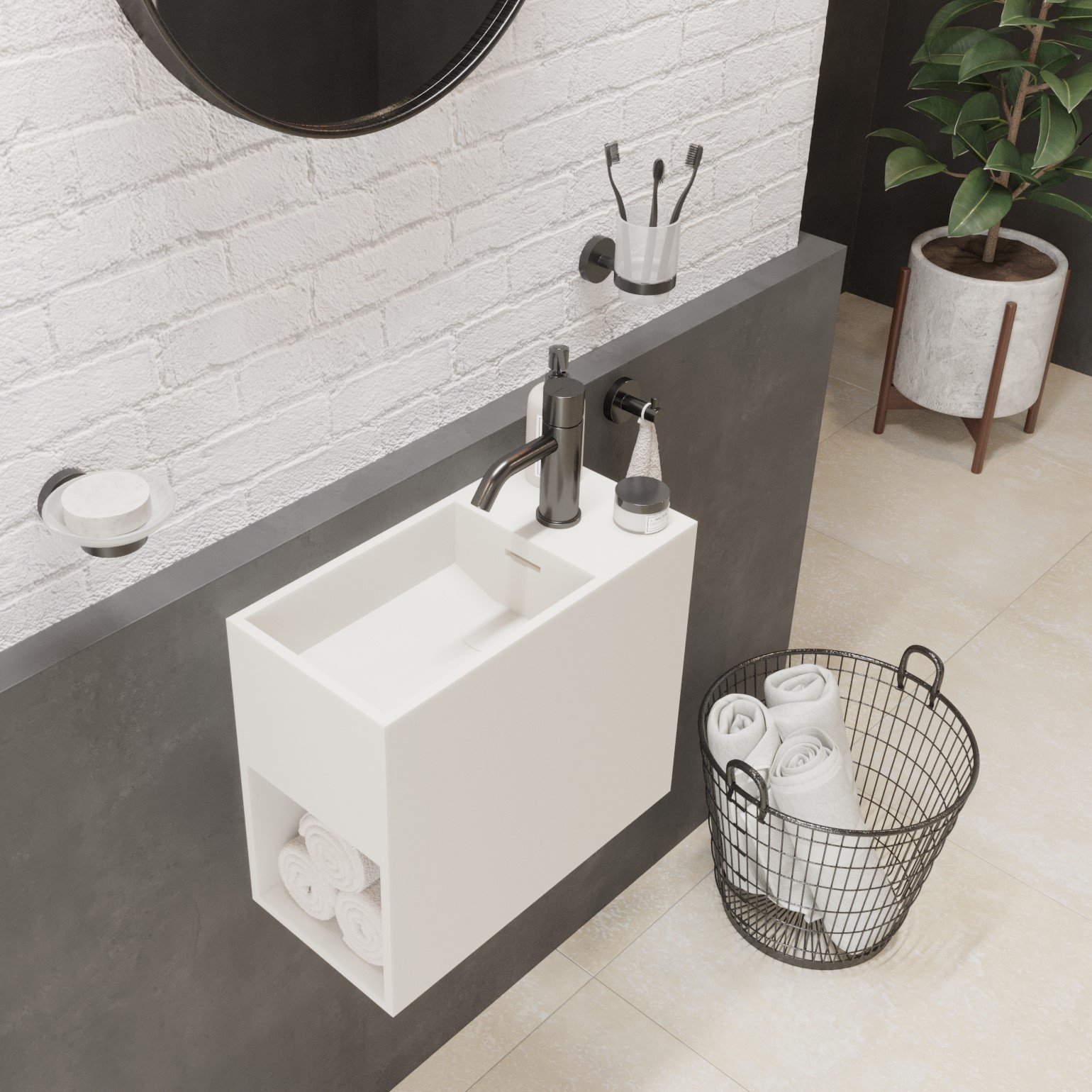 Compact 18″ wide wall-mounted washstand in solid surface matte white, featuring a single faucet hole and convenient side shelf