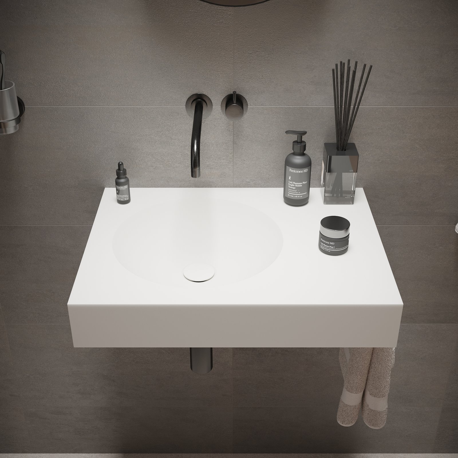 Ideavit NEXT 24″ Wide Washstand in durable matte white solid surface, featuring a minimalist round basin and flexible towel bar positioning
