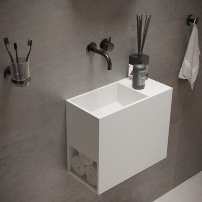 White wall-mounted WASH washstand with single faucet hole, overflow, and versatile side shelf