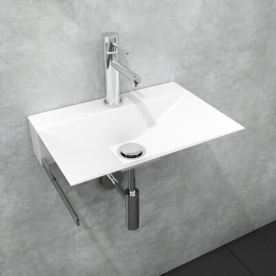 Sleek white wall-mounted washstand in stainless steel, blending modern design with functionality