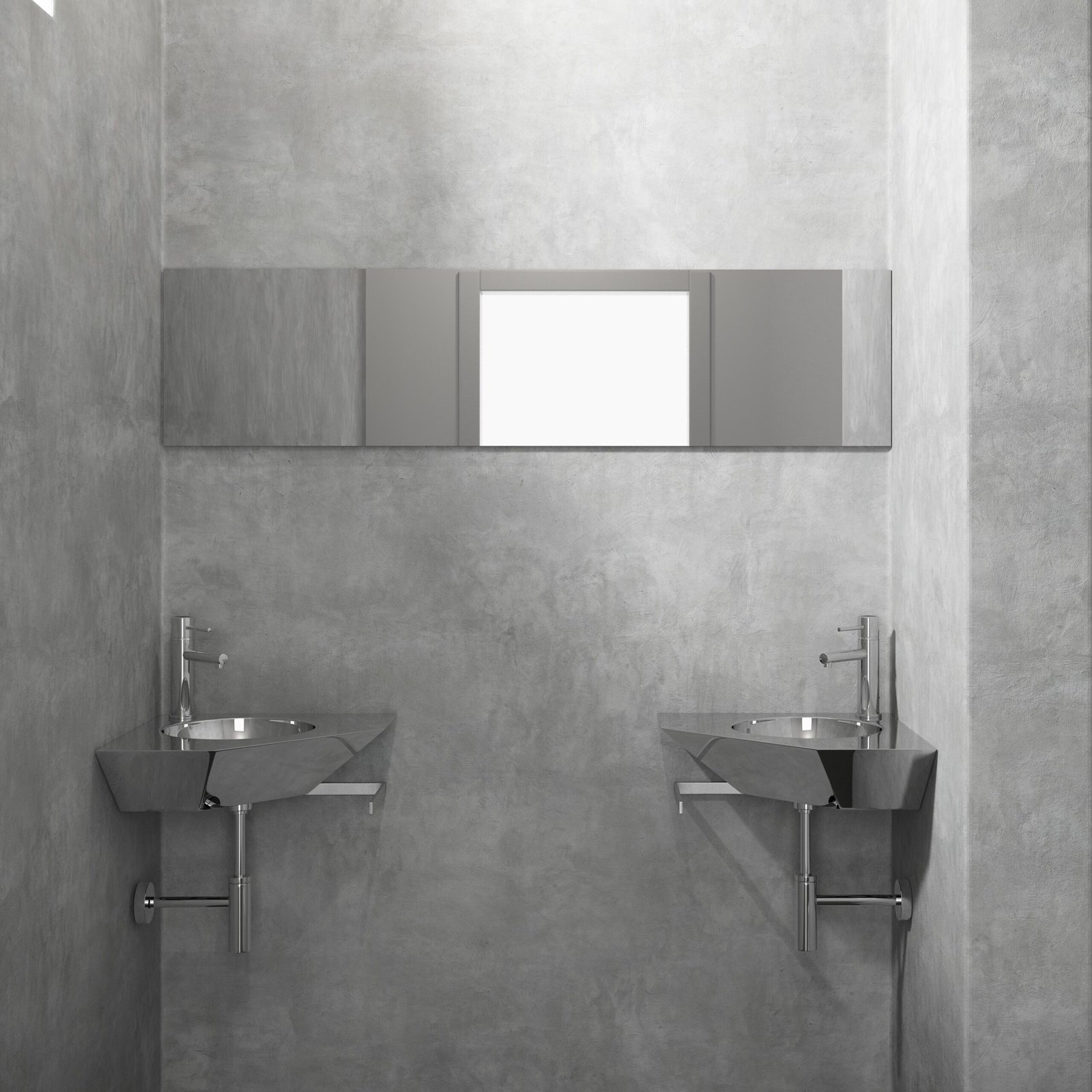Polished stainless steel corner hand washbasin with a round integrated sink This polished stainless steel corner hand washbasin with a round integrated sink offers a modern, space-efficient solution