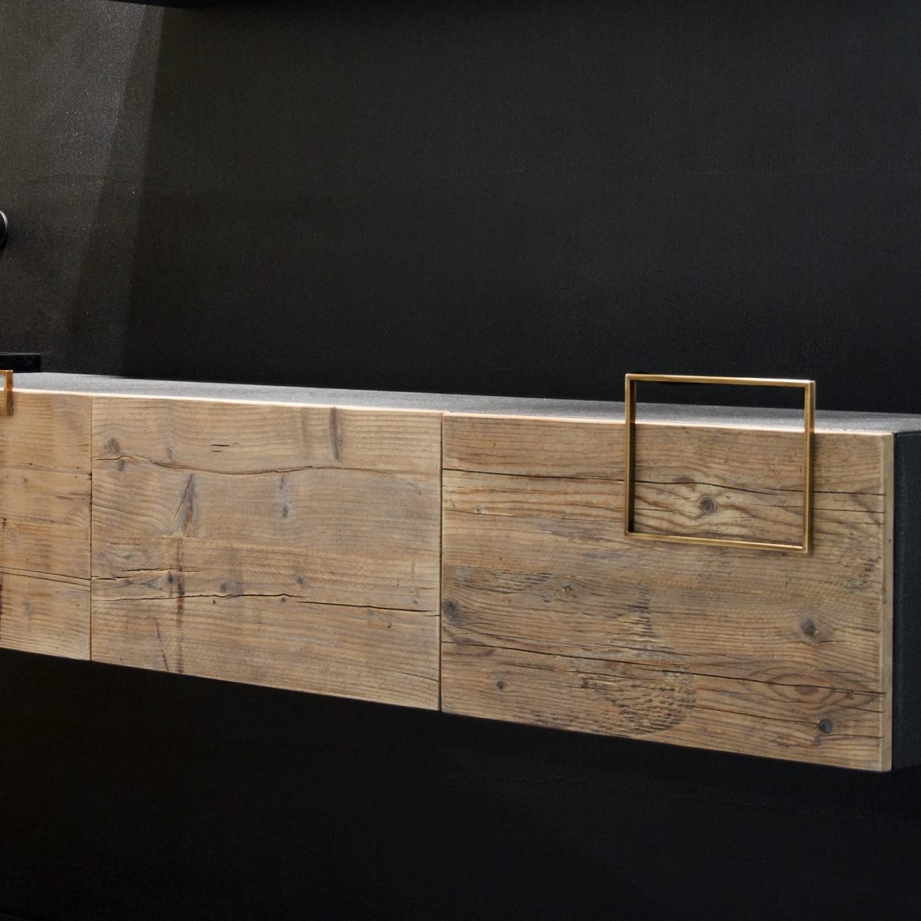 Rustic Modern Wood Vanity Large vanity cabinet featuring reclaimed wood details, offering doors or full-extension drawers for optimal storage