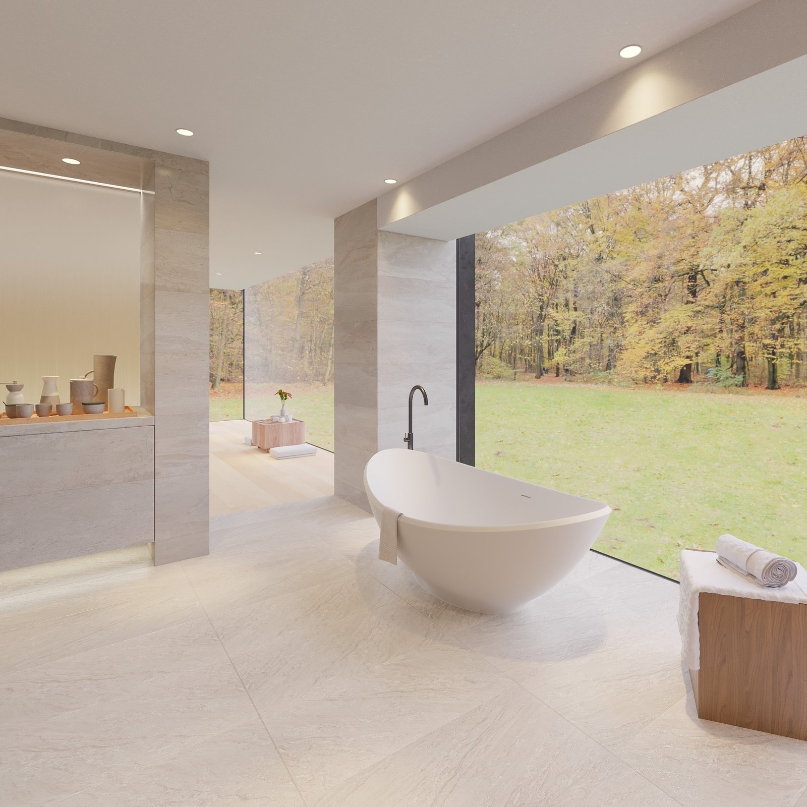 Unique LECTUS freestanding bathtub with integrated pop-up drain and P-trap