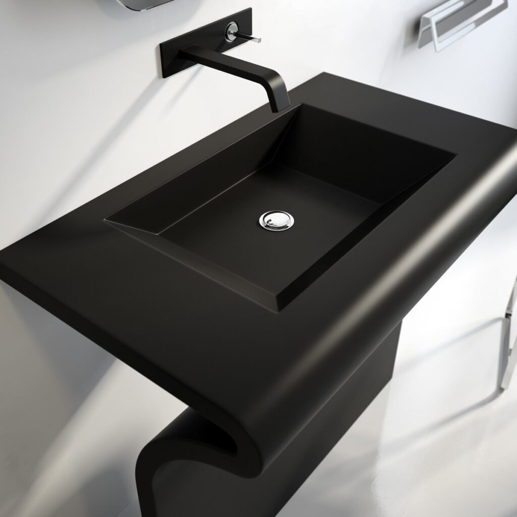 Modern stainless steel console with a curved front and integrated rectangular sink, available in satin, polished, or powder-coated finishes and various sizes