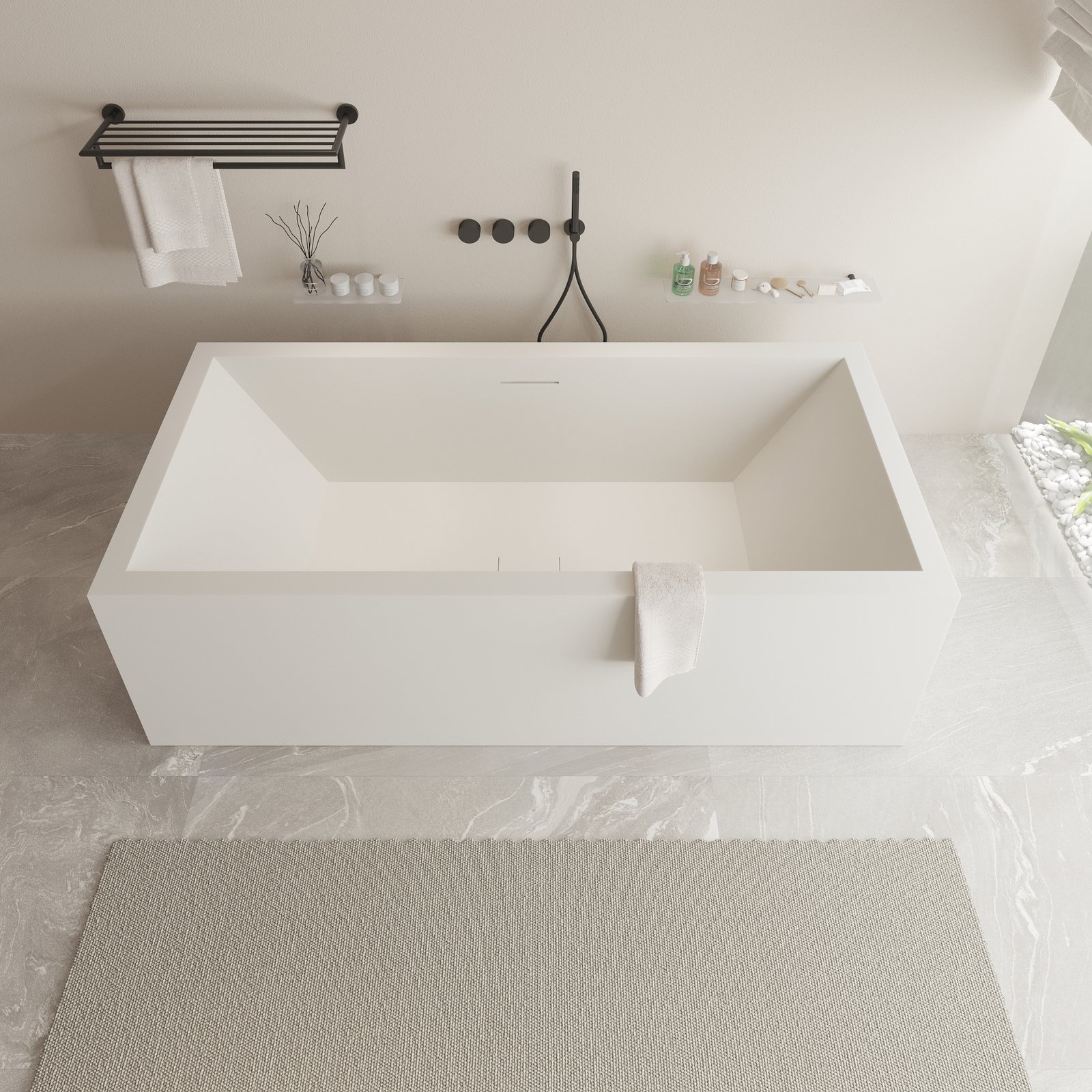 Matte white surface of the VITAS bathtub Close-up view of the matte white surface of the VITAS bathtub, emphasizing its elegant form and 2-3/4 inch thick edge