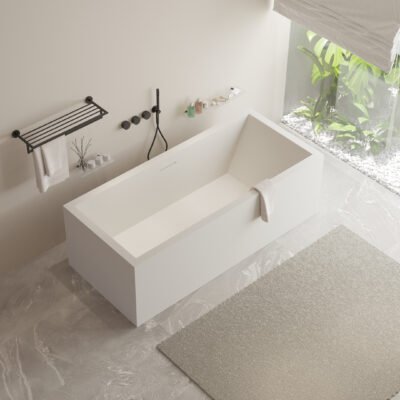 The VITAS white rectangular freestanding bathtub by Ideavit, showcasing its sleek lines and minimalist design