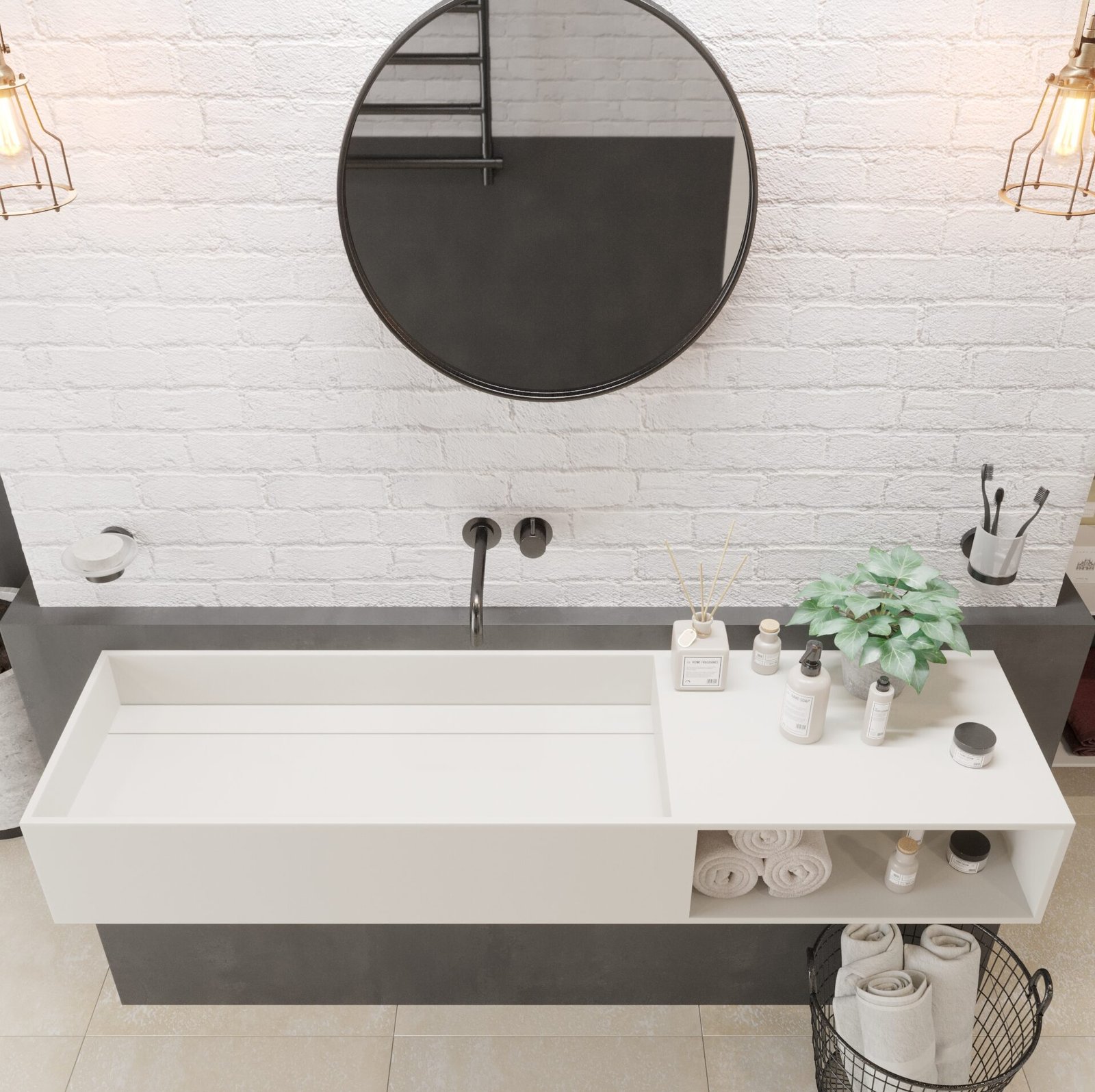 PURE 55-inch wide wall-hung vanity PURE 55-inch wide wall-hung vanity by Ideavit in matte white finish, featuring a solid surface countertop with right-side shelf and rear drain cover