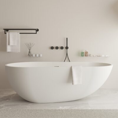 SURF designer oval freestanding bathtub by Ideavit in a contemporary bathroom