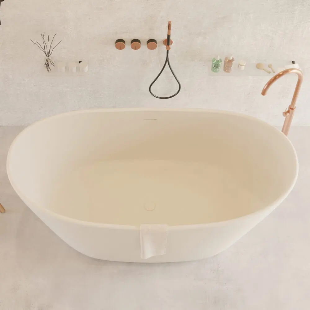 Elegant freestanding bathtub with a 1-inch thick rim, adjustable feet, and matching matte white drain cover