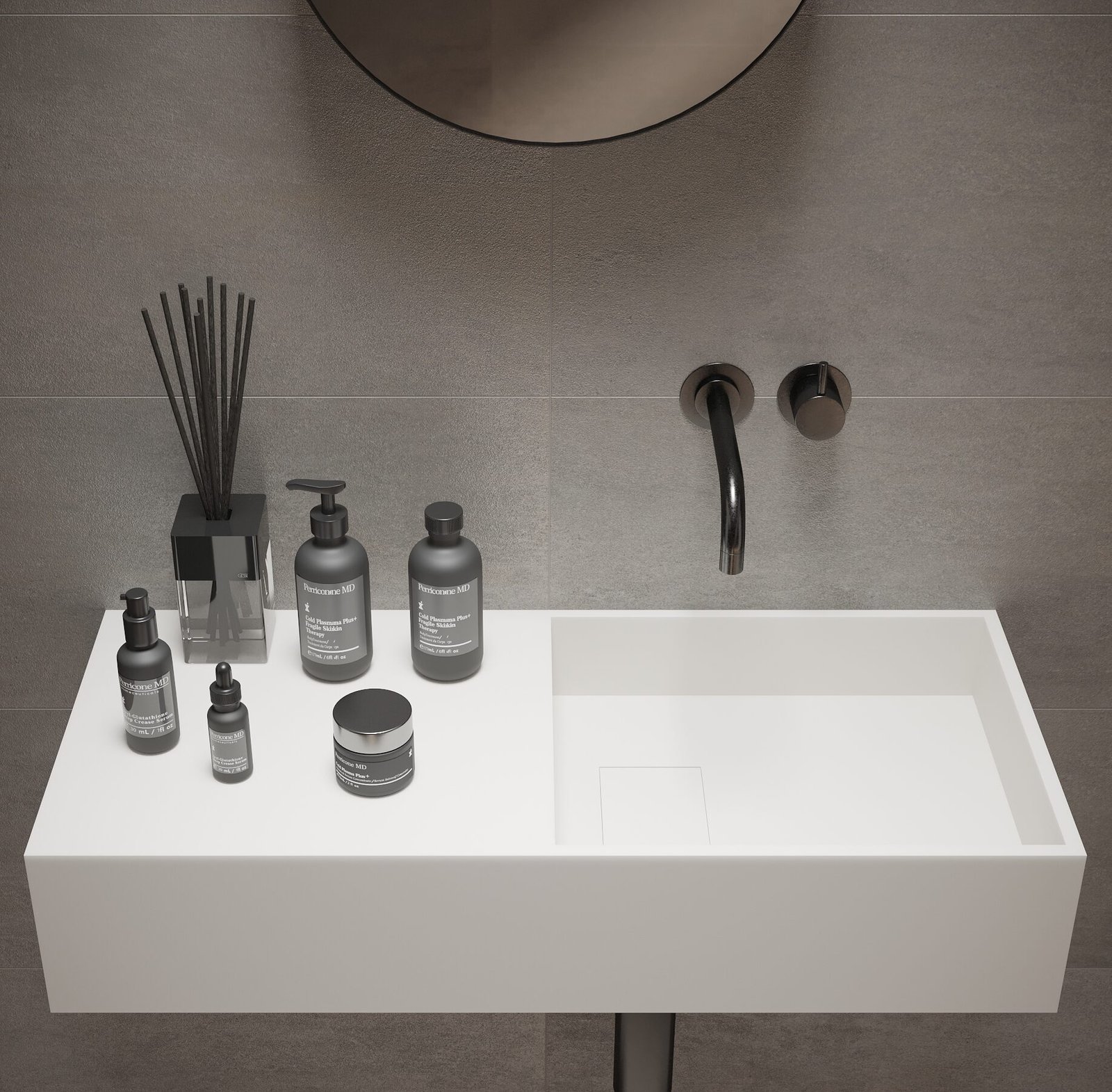 PLAN 29″ Wide Wall-Hung Vanity by Ideavit in matte white solid surface with a square basin, offering a reversible design and modern style