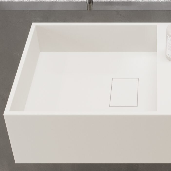 The PLAN 31″ Wide Vanity by Ideavit The PLAN 31″ Wide Vanity by Ideavit, a modern wall-hung design with a right-side shelf for extra storage, crafted from solid surface material with a matte white finish