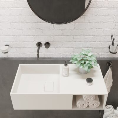 PLAN 31″ Wide Wall-Hung Vanity by Ideavit, featuring a right-side shelf, sleek matte white finish, and durable solid surface construction