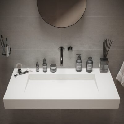 SQUARE 35-inch wide wall-hung vanity by Ideavit with a built-in drain, crafted in matte white solid surface for a sleek, modern look