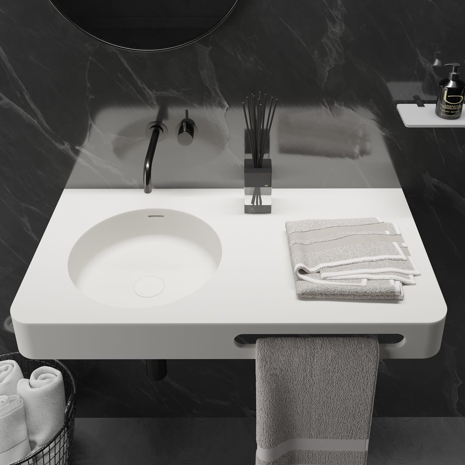 The BRIO 35″ Wide Vanity by Ideavit The BRIO 35″ Wide Vanity by Ideavit combines sleek design with practical features, including a towel bar and integrated overflow