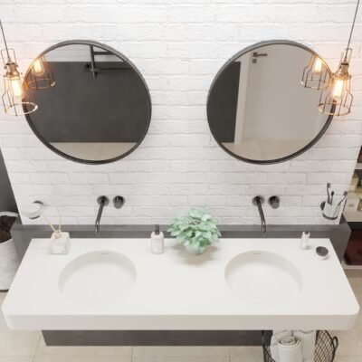 Ideavit BRIO 59″ Wall-Hung Double Vanity in matte white, featuring dual round basins with overflow