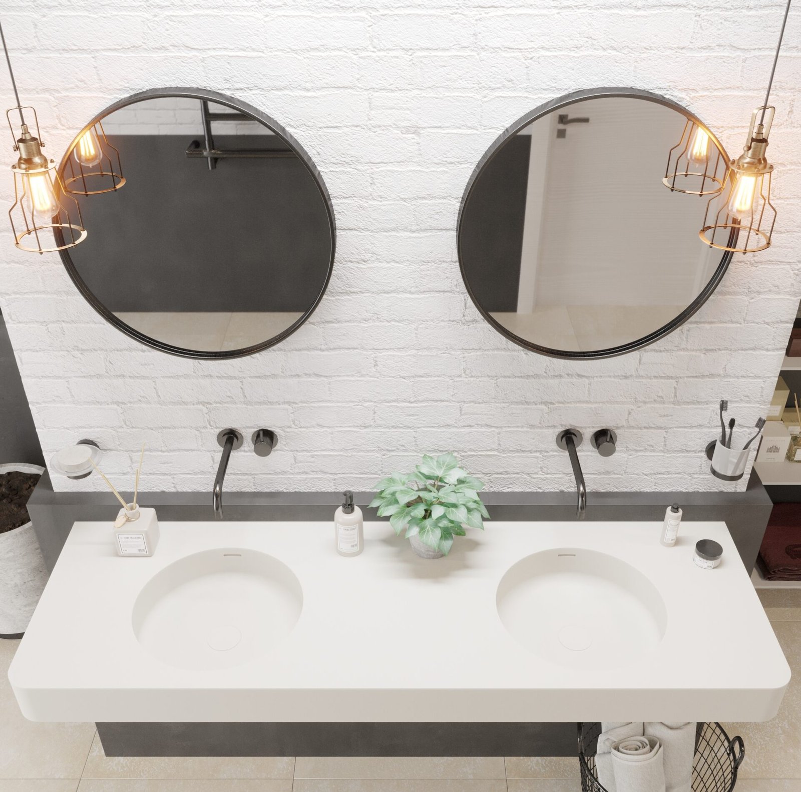 Ideavit BRIO 59″ Wall-Hung Double Vanity in matte white Ideavit BRIO 59″ Wall-Hung Double Vanity in matte white, featuring dual round basins with overflow