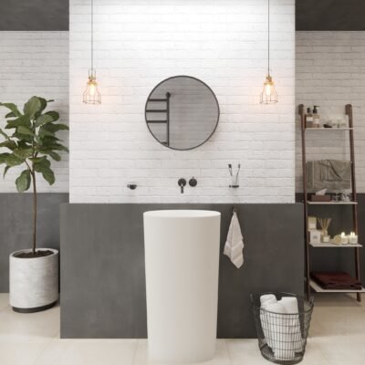 The CLIFF bathroom pedestal sink by Ideavit, featuring a sleek, oval design in matte white, made from solid surface material