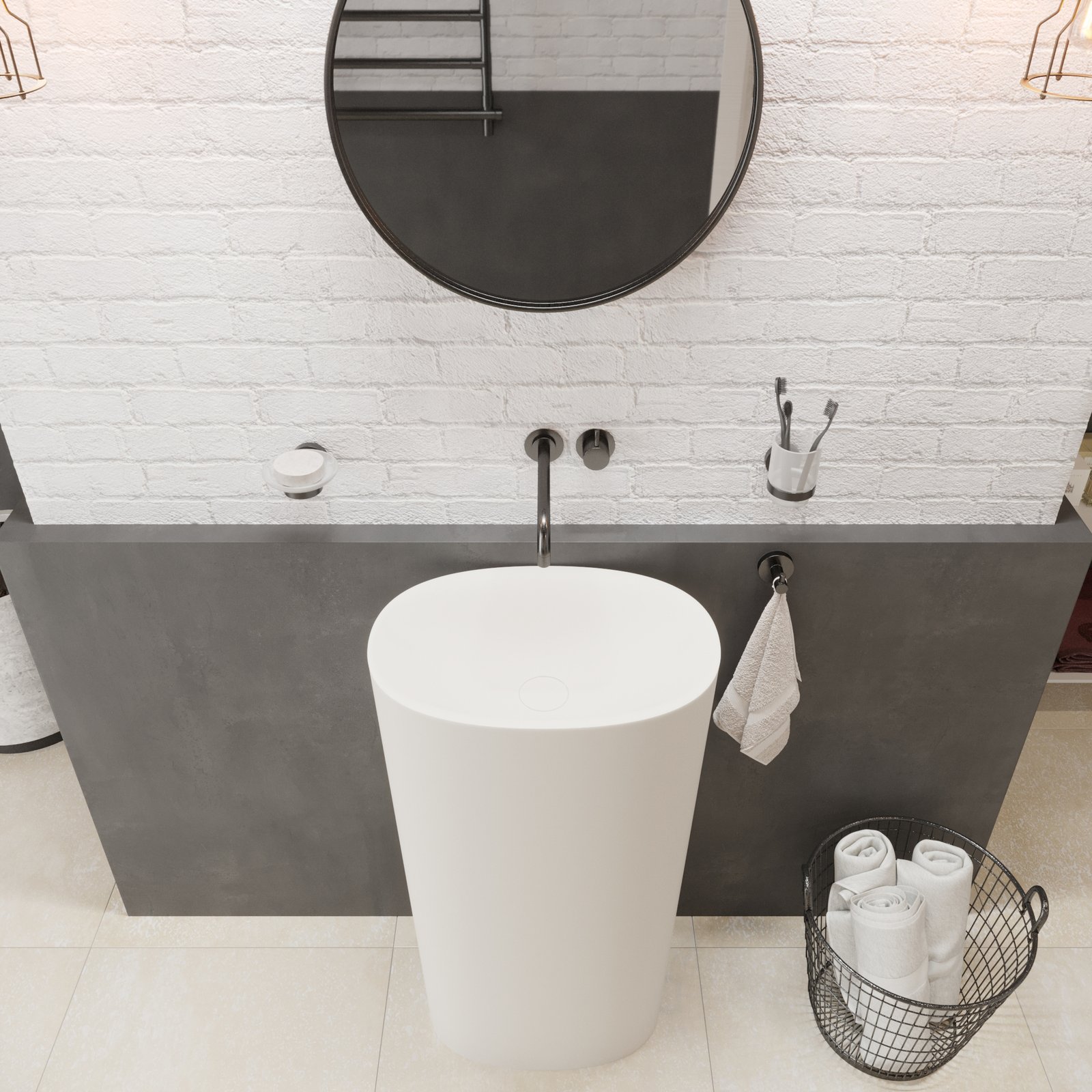View from top of the CLIFF pedestal sink with its minimalist, freestanding design, highlighting its elegant matte white finish
