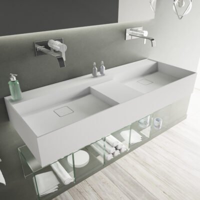 BLISS 48-inch wide wall-hung double vanity by Ideavit in matte white with two basins and center shelf