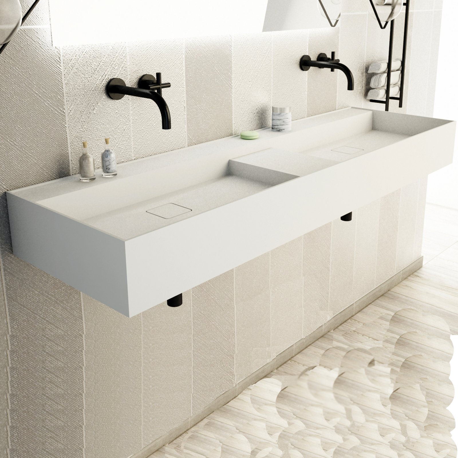 BLISS 59-inch wide wall-hung double vanity by Ideavit BLISS 59-inch wide wall-hung double vanity by Ideavit in matte white with dual basins and a center shelf