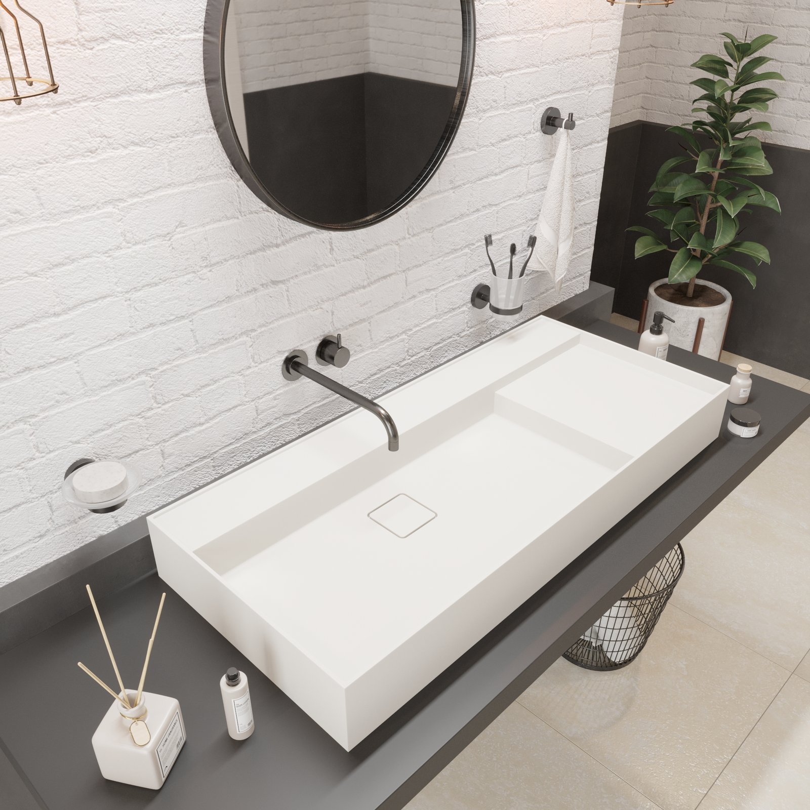 Modern 36″ wide wall-hung vanity Modern 36″ wide wall-hung vanity with flexible faucet setup, solid drain cover, and solid surface build