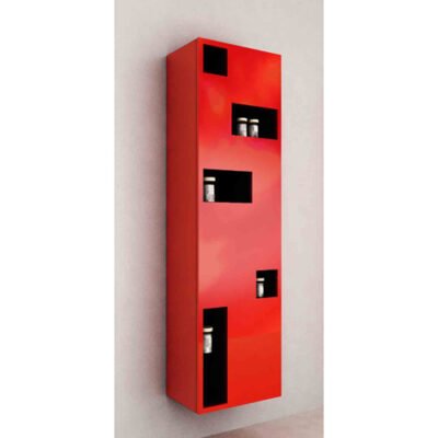 Tall wall-mounted bathroom column with five open shelves and six concealed shelves, available in black, white, red, or wood veneer finishes