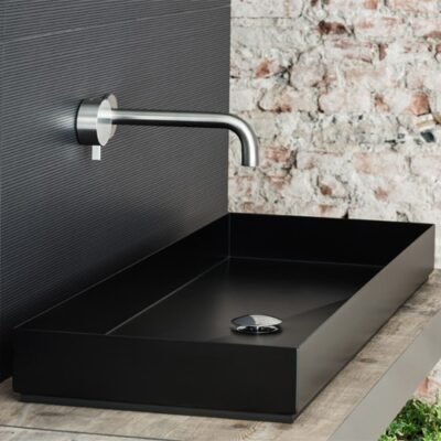 Modern HPL bathroom vanity, featuring a sleek black rectangular washbasin. The high-pressure laminate (HPL) construction ensures durability and a contemporary look