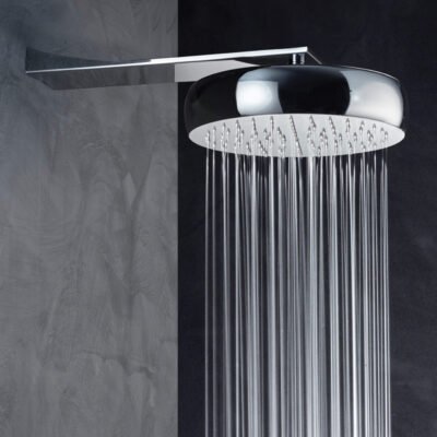 Sleek 12″ stainless steel round wall-mounted rainfall shower head with a 5-3/4″ projection arm and 108 limescale-resistant nozzles