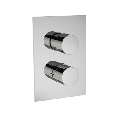 The Rain Therapy in-wall 3/4″ thermostatic valve, crafted in Italy, features a sleek, modern design with a single on/off volume control and a stamped brass trim plate