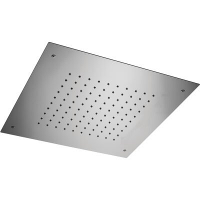 A luxurious 17″ square stainless steel rain shower head by Rain Therapy, featuring 100 rubber nozzles for a gentle, limescale-free rainfall effect