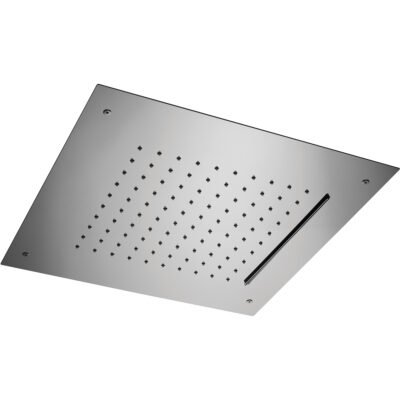 A luxurious 17″ square rain shower head by Rain Therapy, crafted from stainless steel, featuring 100 rubber nozzles for rainfall and a striking 9″ wide blade waterfall