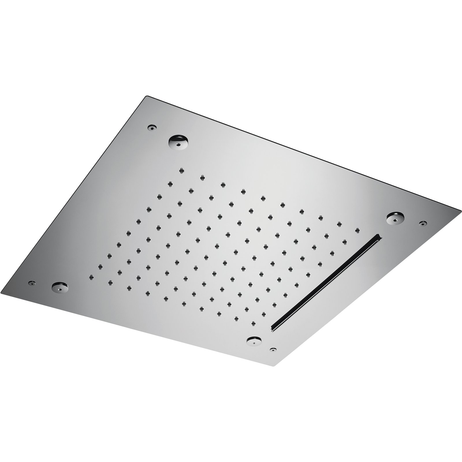 Italian-crafted 17″ square rain shower head with mist jets, combining a calming rainfall and soothing mist