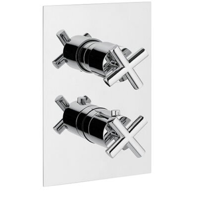 In-wall thermostatic valve with a 2-way shared diverter, crafted in Italy for luxury and precision. Features intuitive cross handles, a seamless brass trim plate, IAPMO certification, and customizable finishes