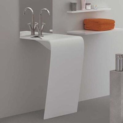 Modern curved pedestal sink with an integrated basin, crafted from Cristalplant solid surface