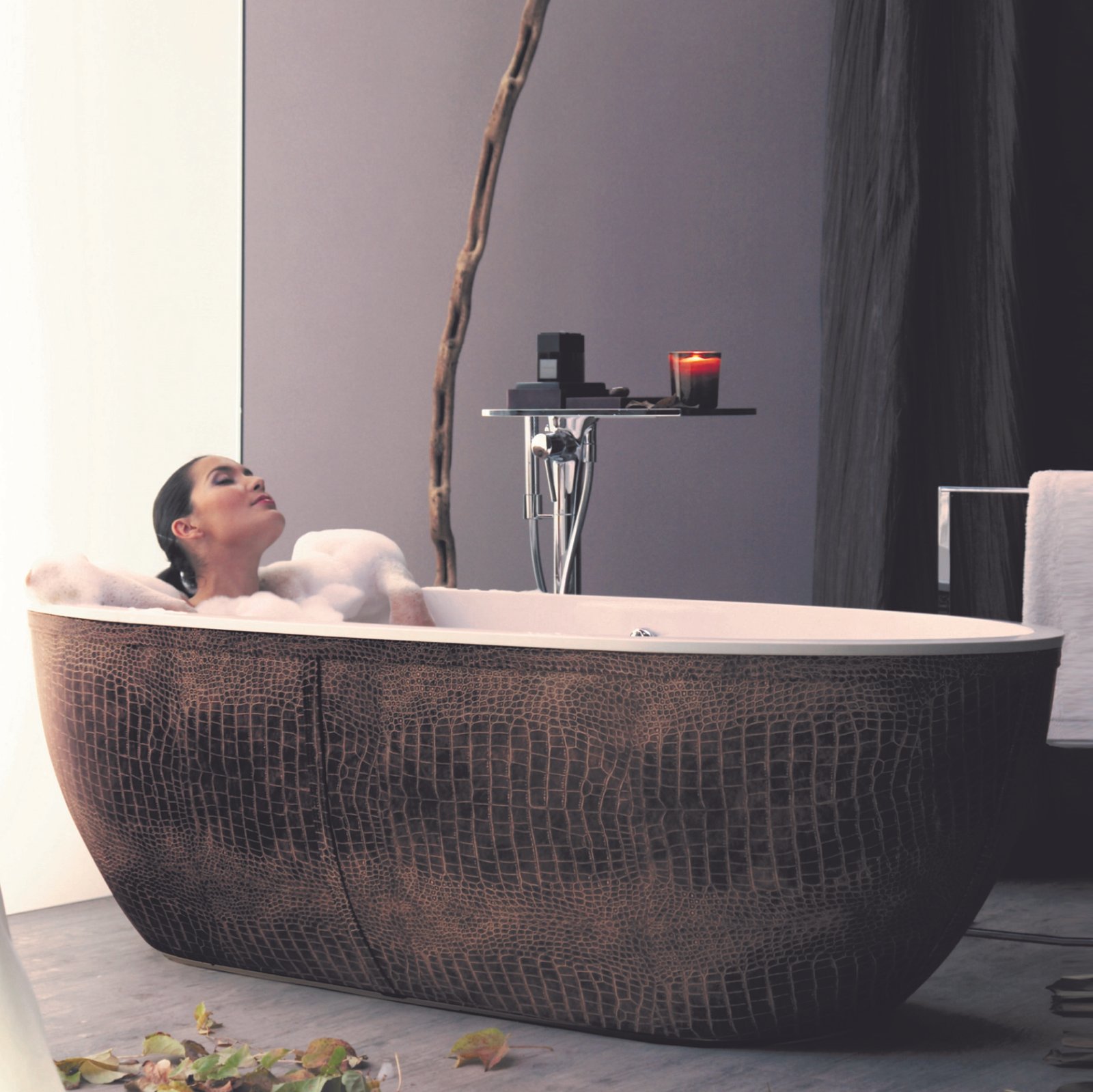 Exotic freestanding bathtub with crocodile skin texture Exotic freestanding bathtub by AquaDesign with crocodile skin texture and matte finish